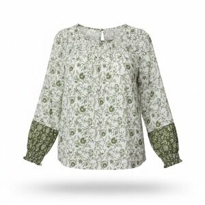 Charlotte by Cato Blouse XL 18 Green White Floral Smocked Long Sleeve Top